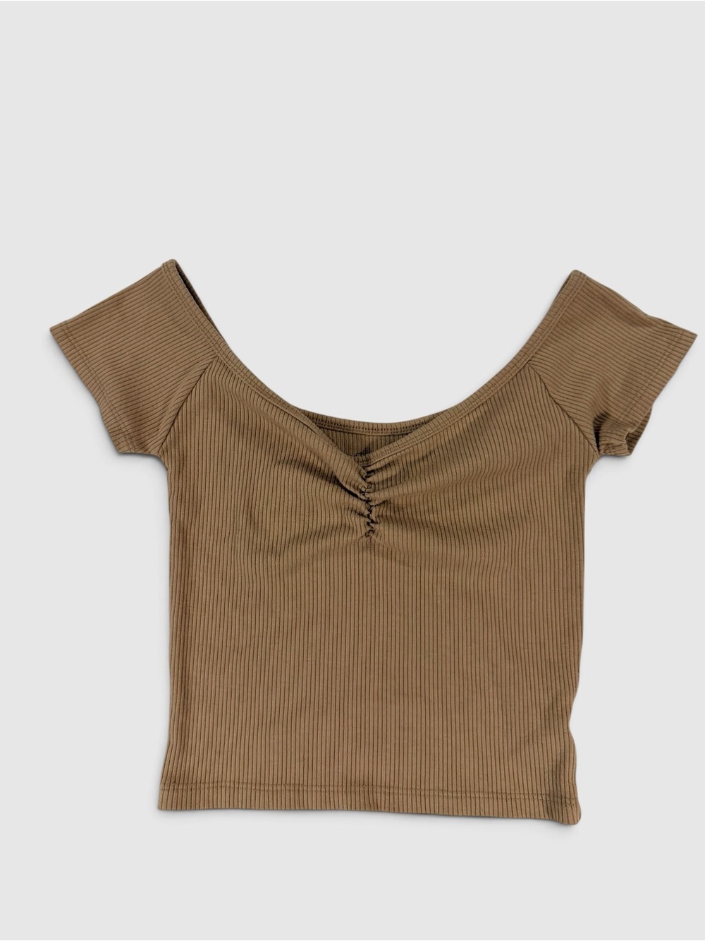 American Eagle Womens S Ribbed Top Off Shoulder Cinched Cap Sleeve Brown Crop